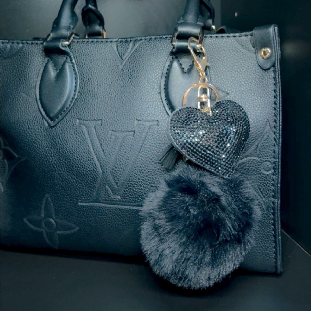 Black Rhinestone heart & Pom Pom purse charm / keychain